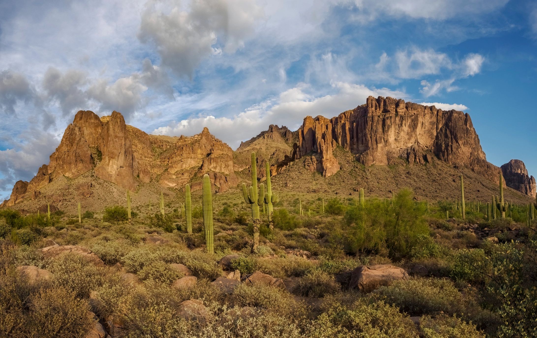 Superstition Mountain under a clear blue sky in Arizona