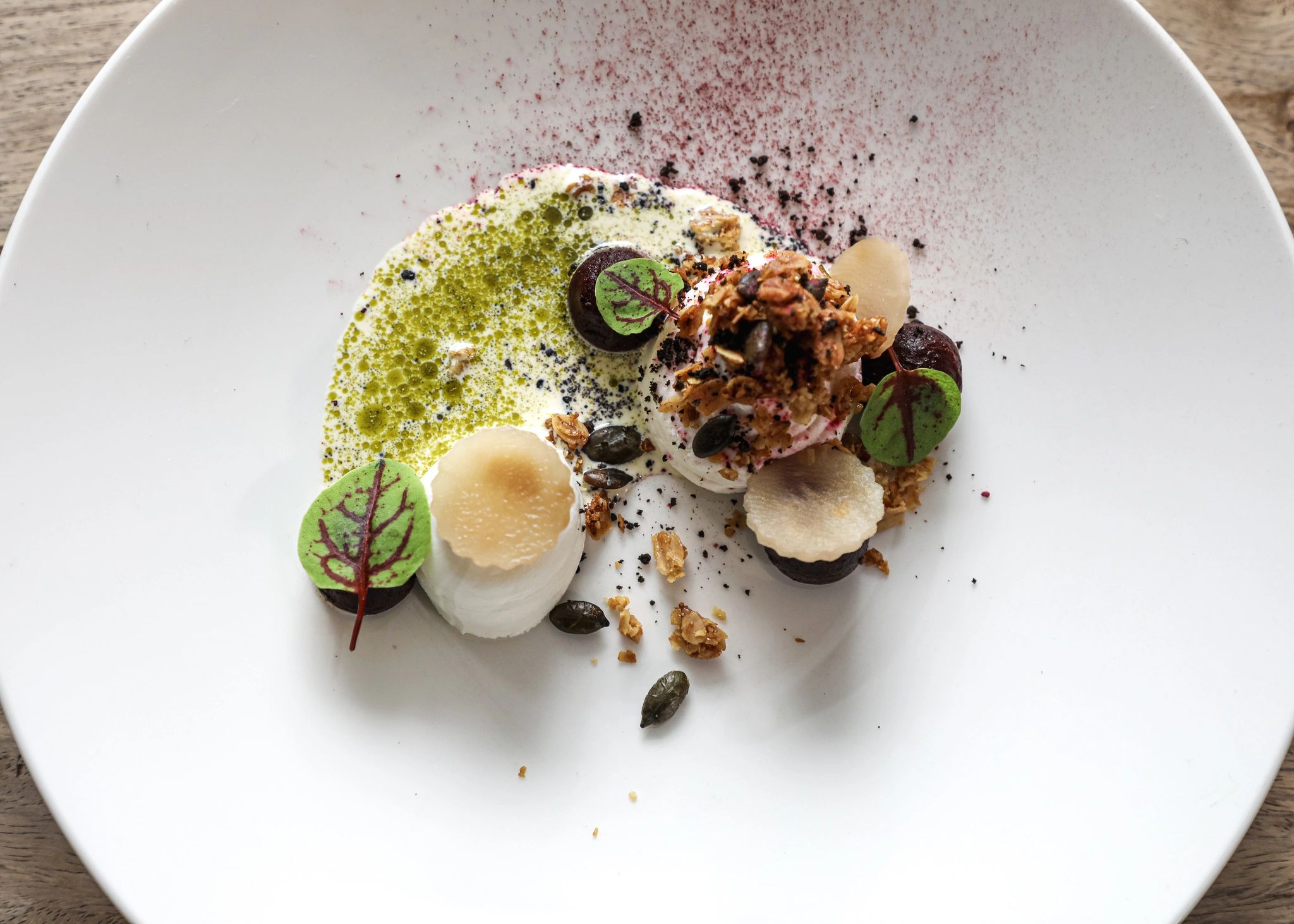 Fine dining plate with carefully arranged food